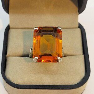 Vntg Mid-Century Glam Fine Natural Emerald Cut Citrine Color Solitaire